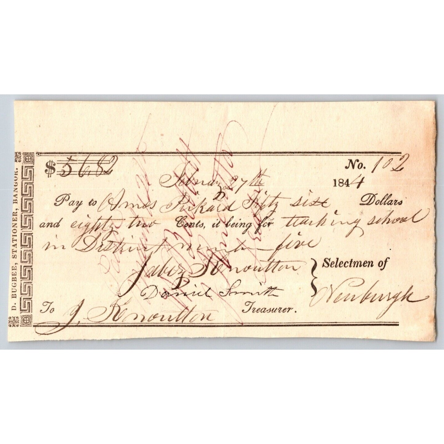 1844 Jabez Knowlton* Newburgh ME Town Check to Amos Pickard for Teaching