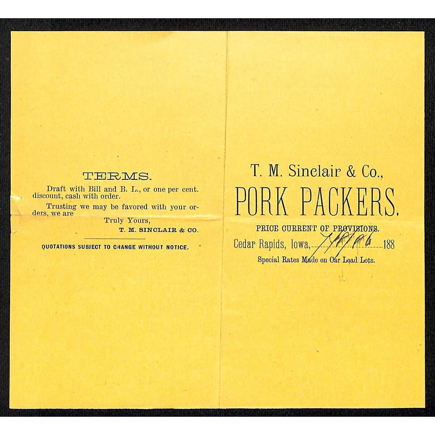 T.M. Sinclair & Co. Pork Packers Cedar Rapids, IA Small Price Sheet 7/8 1886