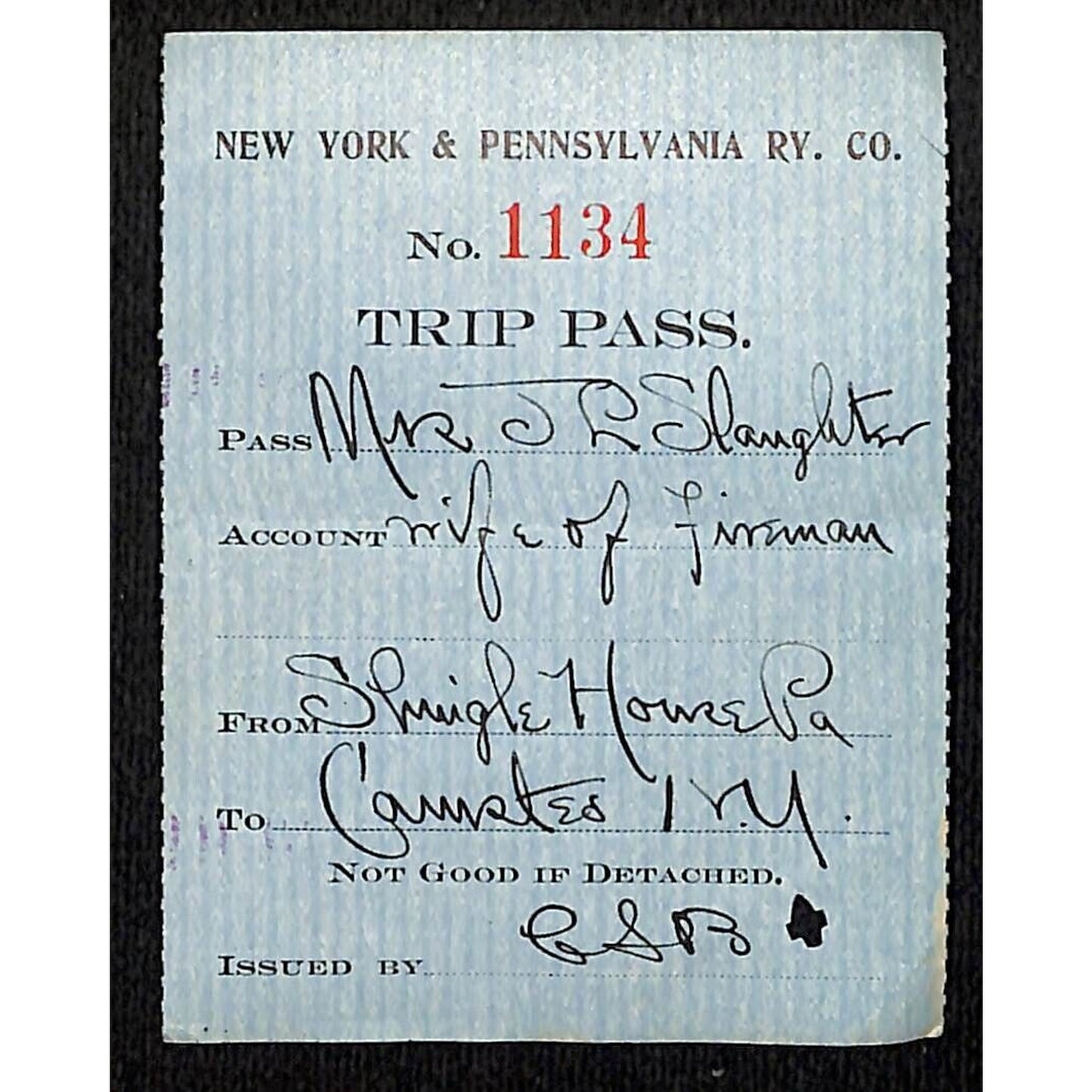 New York & Pennsylvania Ry c1917 Trip Pass Ticket Stub w/Hand Writing #1134