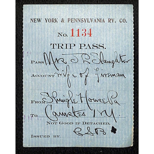 New York & Pennsylvania Ry c1917 Trip Pass Ticket Stub w/Hand Writing #1134
