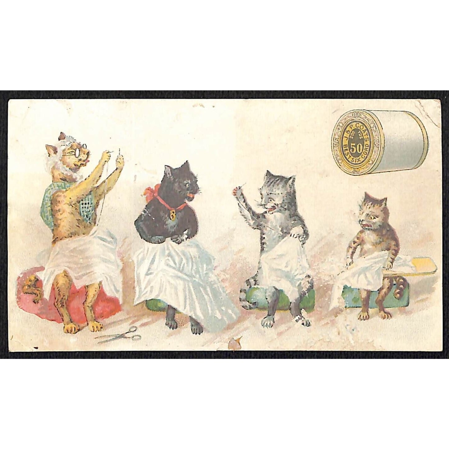 J & P Coats Thread Victorian Trade Card 5 Cats Repair Clothes 1889 Calendar VGC