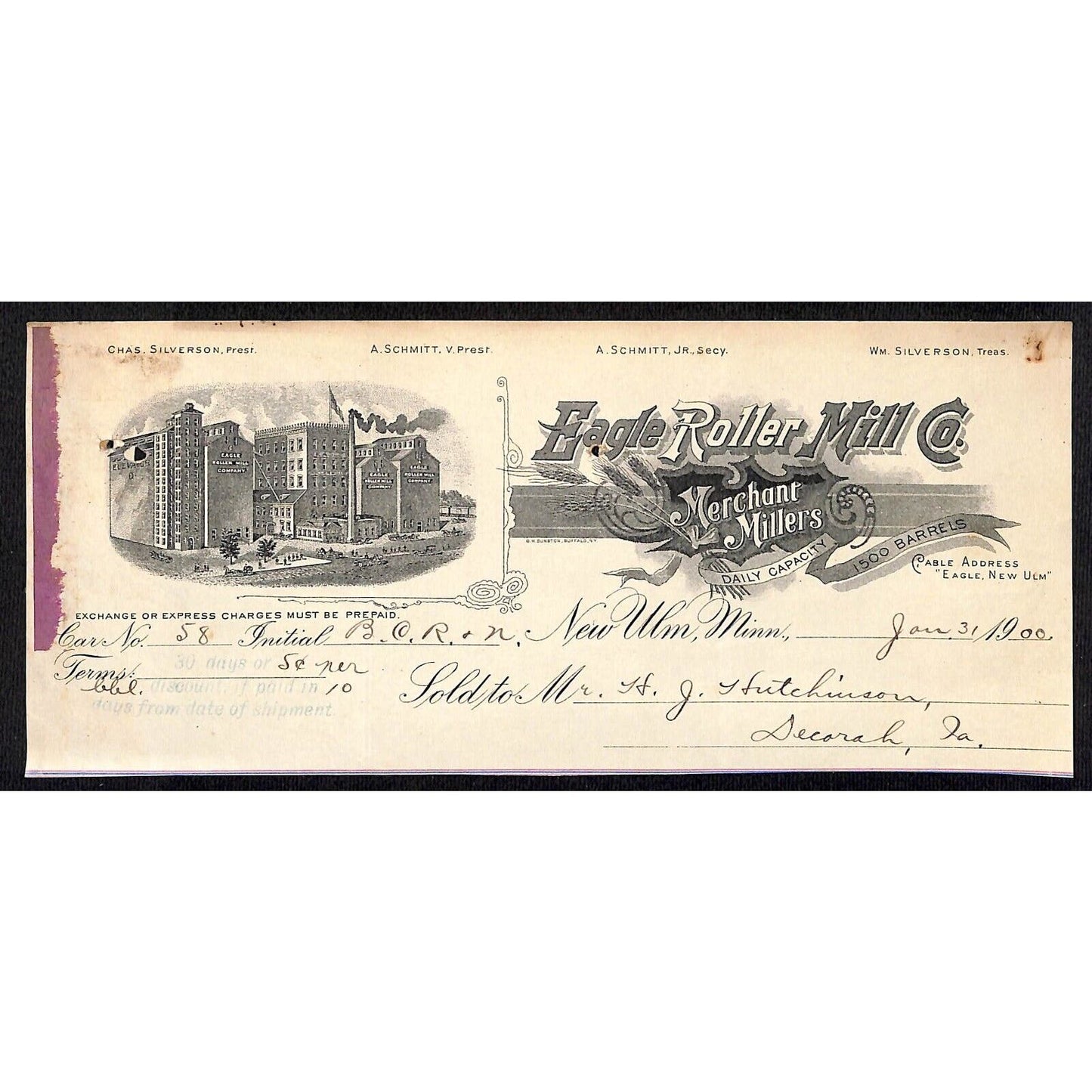 Eagle Roller Mills New Ulm, MN Hutchinson Decorah IA* Cut 1900 Billhead