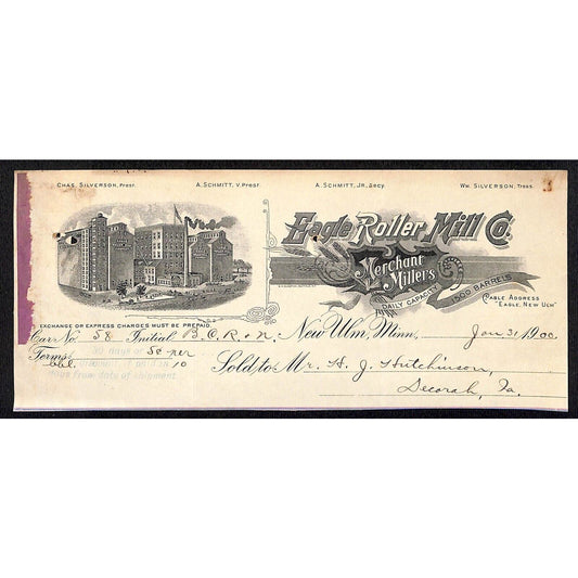 Eagle Roller Mills New Ulm, MN Hutchinson Decorah IA* Cut 1900 Billhead