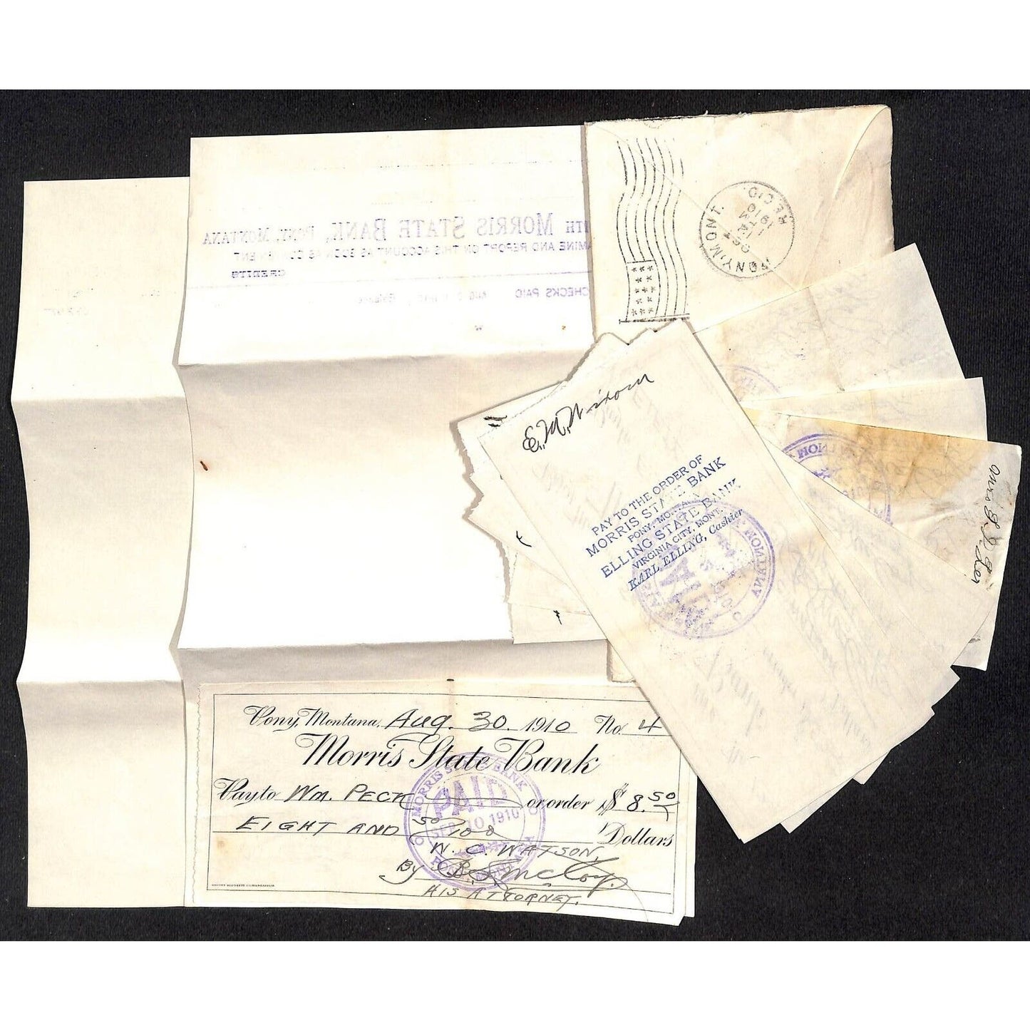 Morris State Bank Pony MT 1910 Billhead Statement + 11 Related Bank Checks Cover