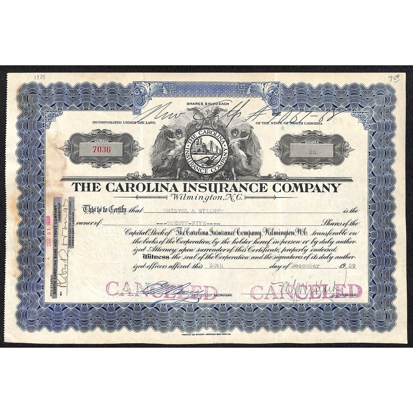 Carolina Insurance Co. Wilmington, NC 1929 Stock Certificate Bristol & Willett
