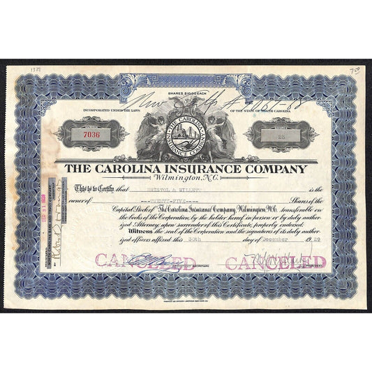 Carolina Insurance Co. Wilmington, NC 1929 Stock Certificate Bristol & Willett