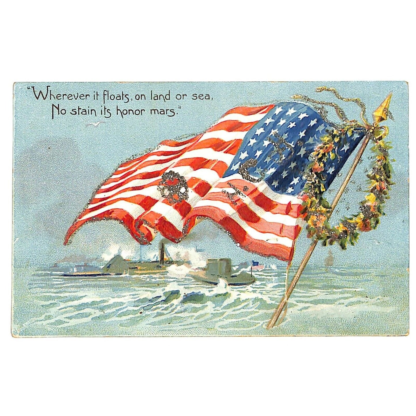 Raphael Tuck Patriotic Naval Decoration Day Postcard Flag Glitter Embossed