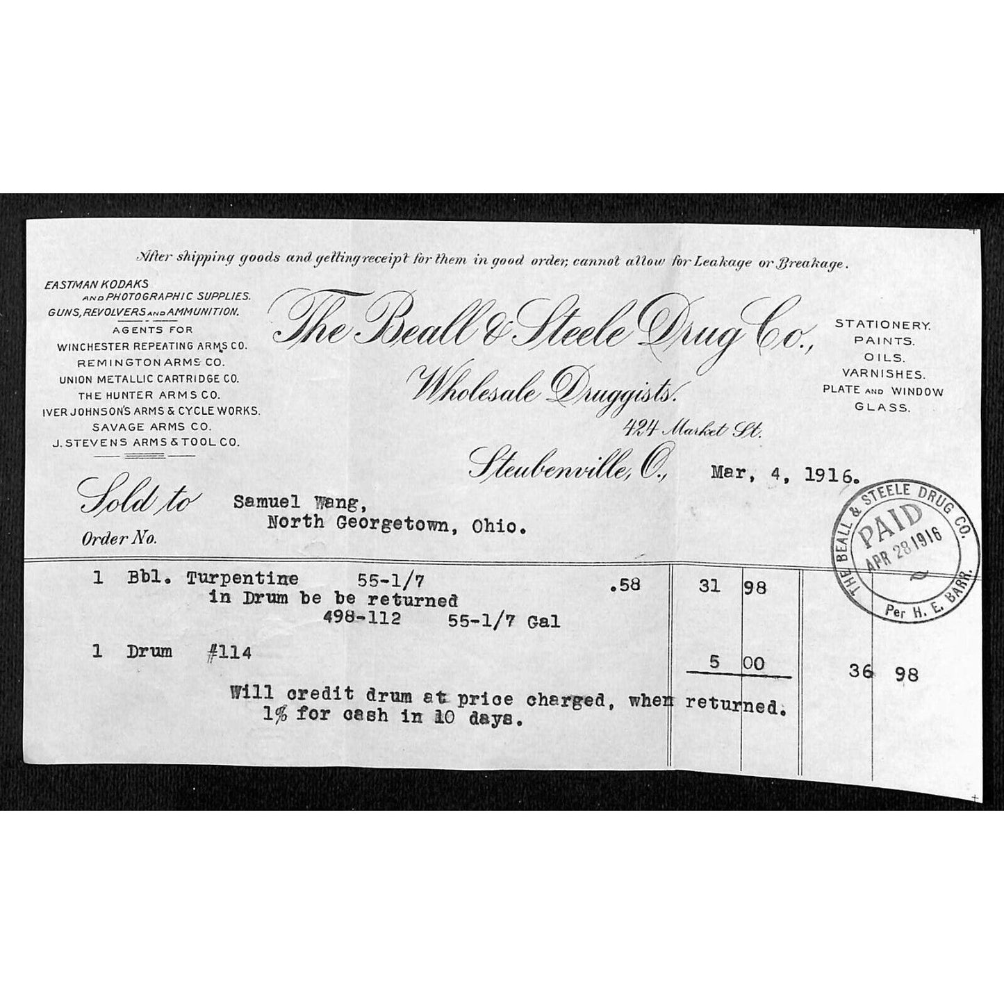 The Beall & Steele Drug Co. 1916 Billhead Samuel Wang* N. Georgetown, OH