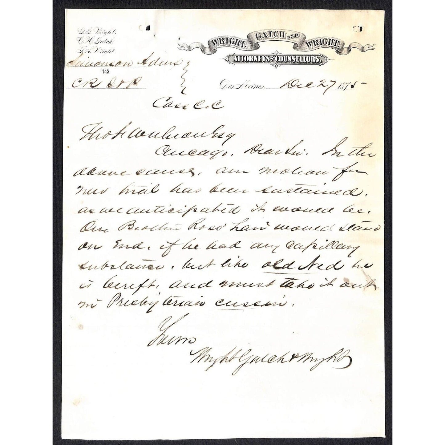 Wright, Gatch and Wright Des Moines Attorneys 1875 Letterhead re: CRI&P Lawsuit