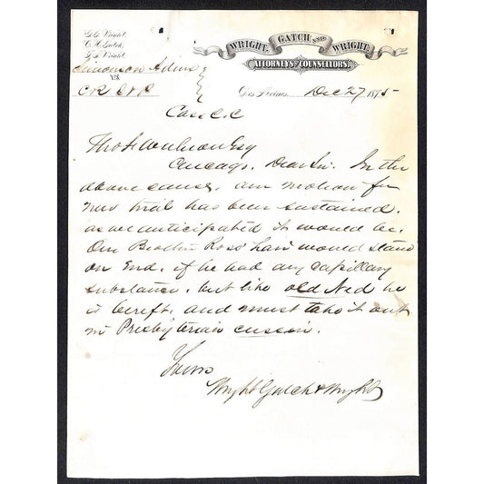 Wright, Gatch and Wright Des Moines Attorneys 1875 Letterhead re: CRI&P Lawsuit