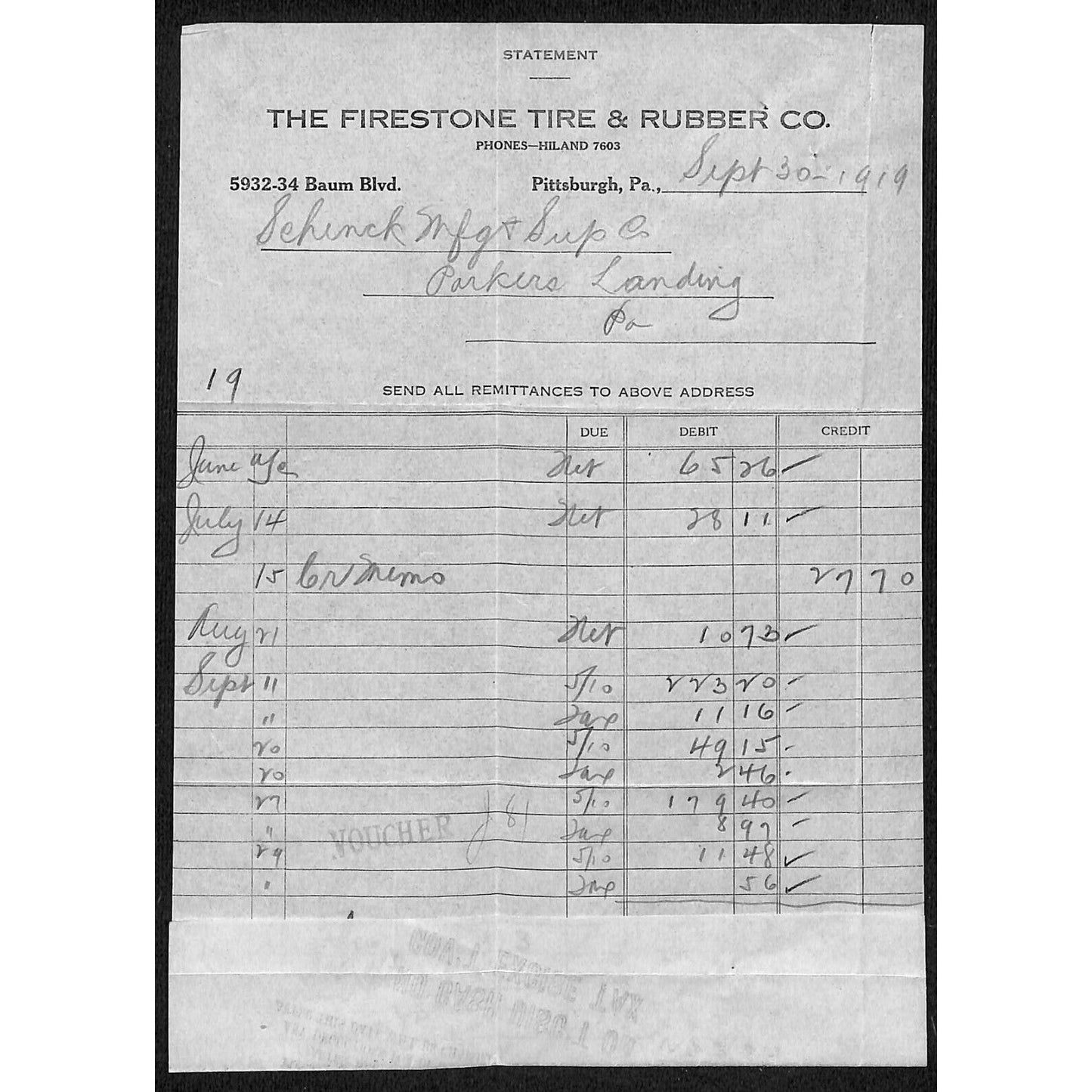 Firestone Tire & Rubber Co. Pittsburgh, PA 1919 Billhead / Statement