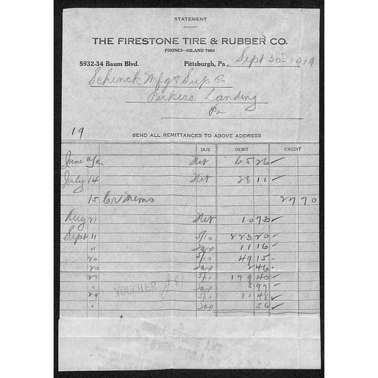 Firestone Tire & Rubber Co. Pittsburgh, PA 1919 Billhead / Statement