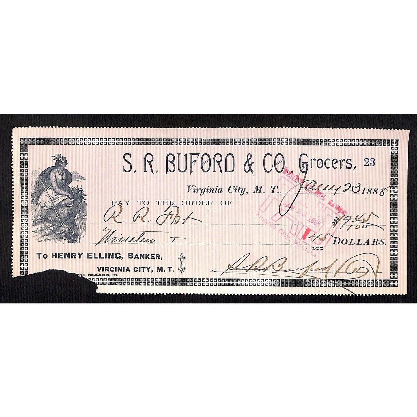 1888 Henry Elling Virginia City Montana Territory S.R. Buford Grocers Check #23