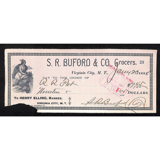 1888 Henry Elling Virginia City Montana Territory S.R. Buford Grocers Check #23