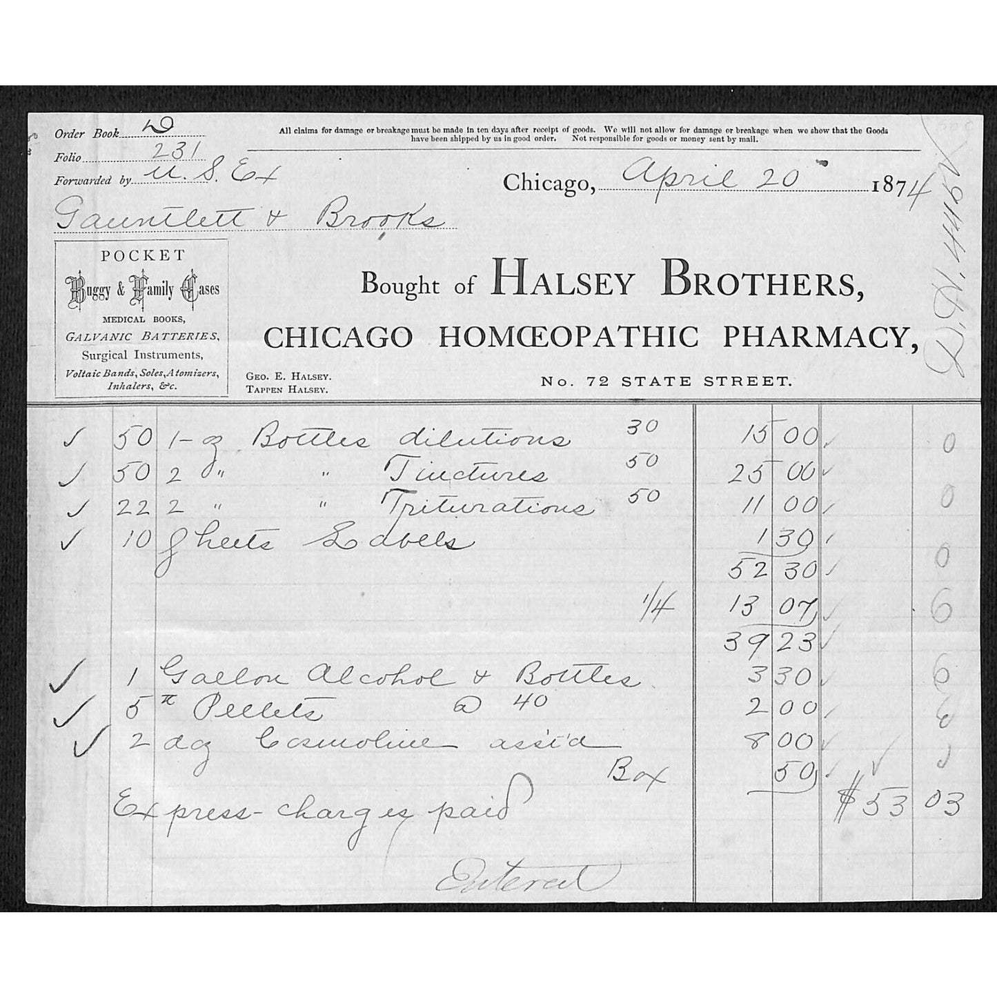 Halsey Brothers Homoeopathic Pharmacy Chicago 1874 Billhead Scarce