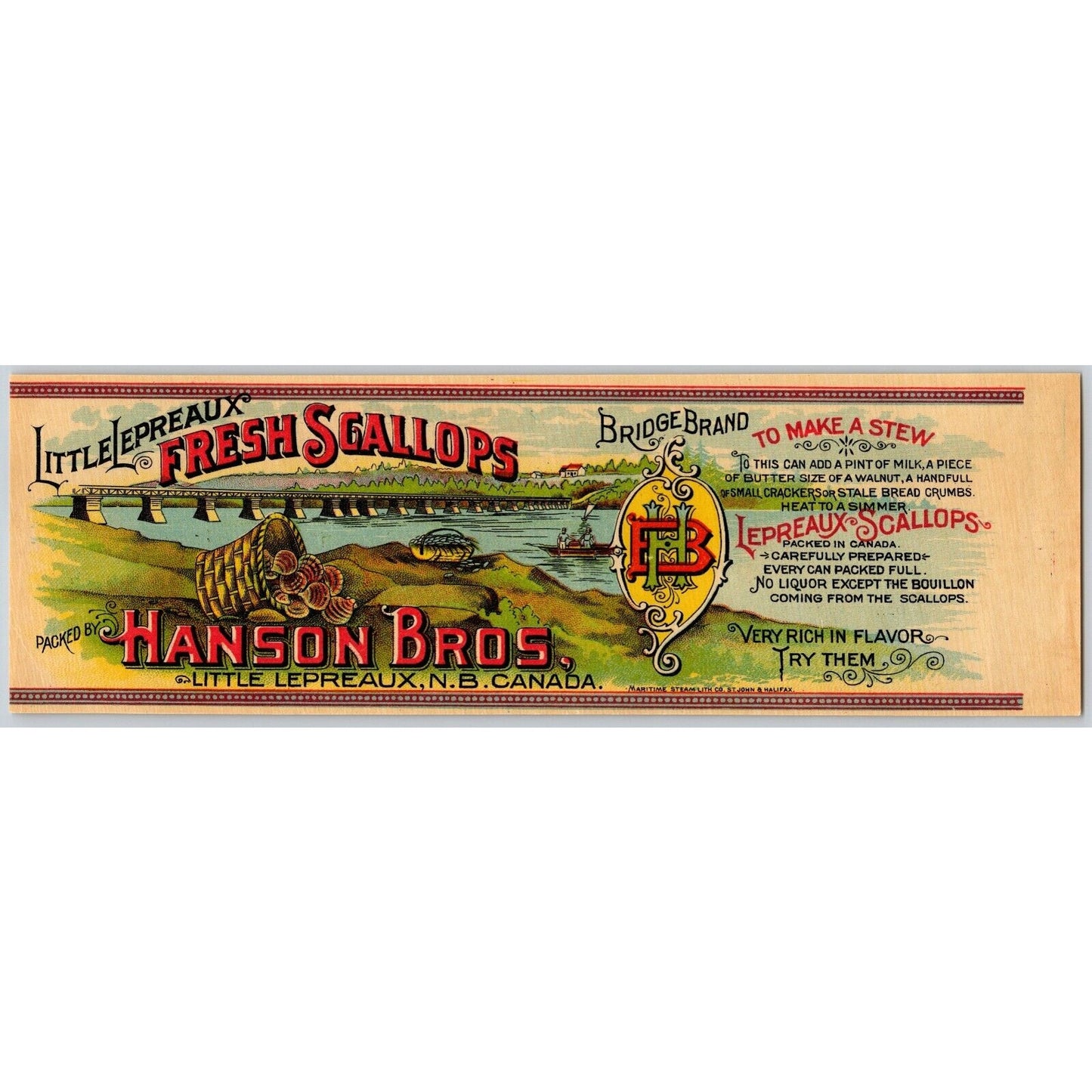 Hanson Bros. Bridge Brand Fresh Scallops Canadian Paper Can Label c1903 - Scarce