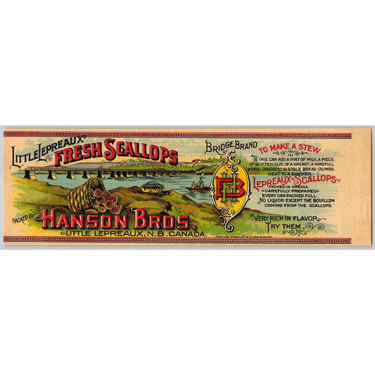 Hanson Bros. Bridge Brand Fresh Scallops Canadian Paper Can Label c1903 - Scarce