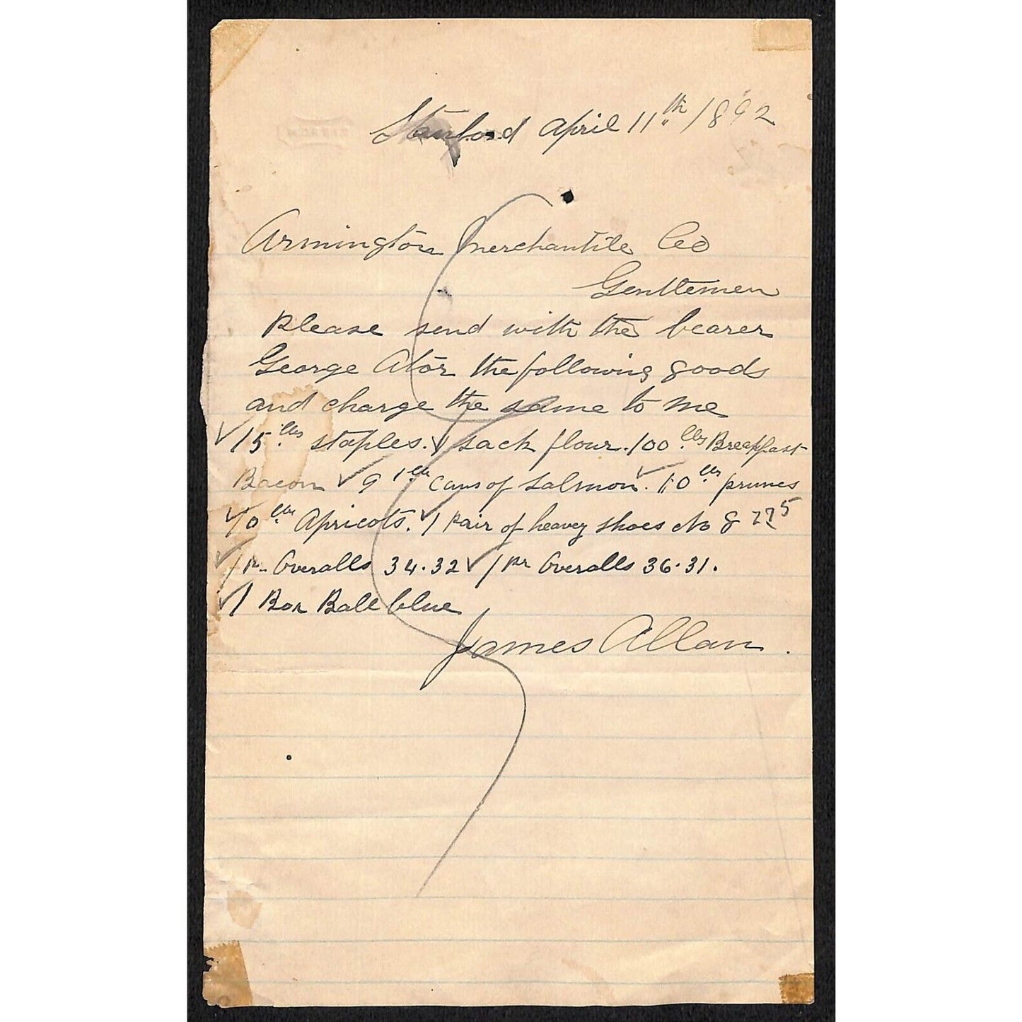 1892 ALS to Armington Mercantile Co. from James Allen, Stanford, MT re: Goods