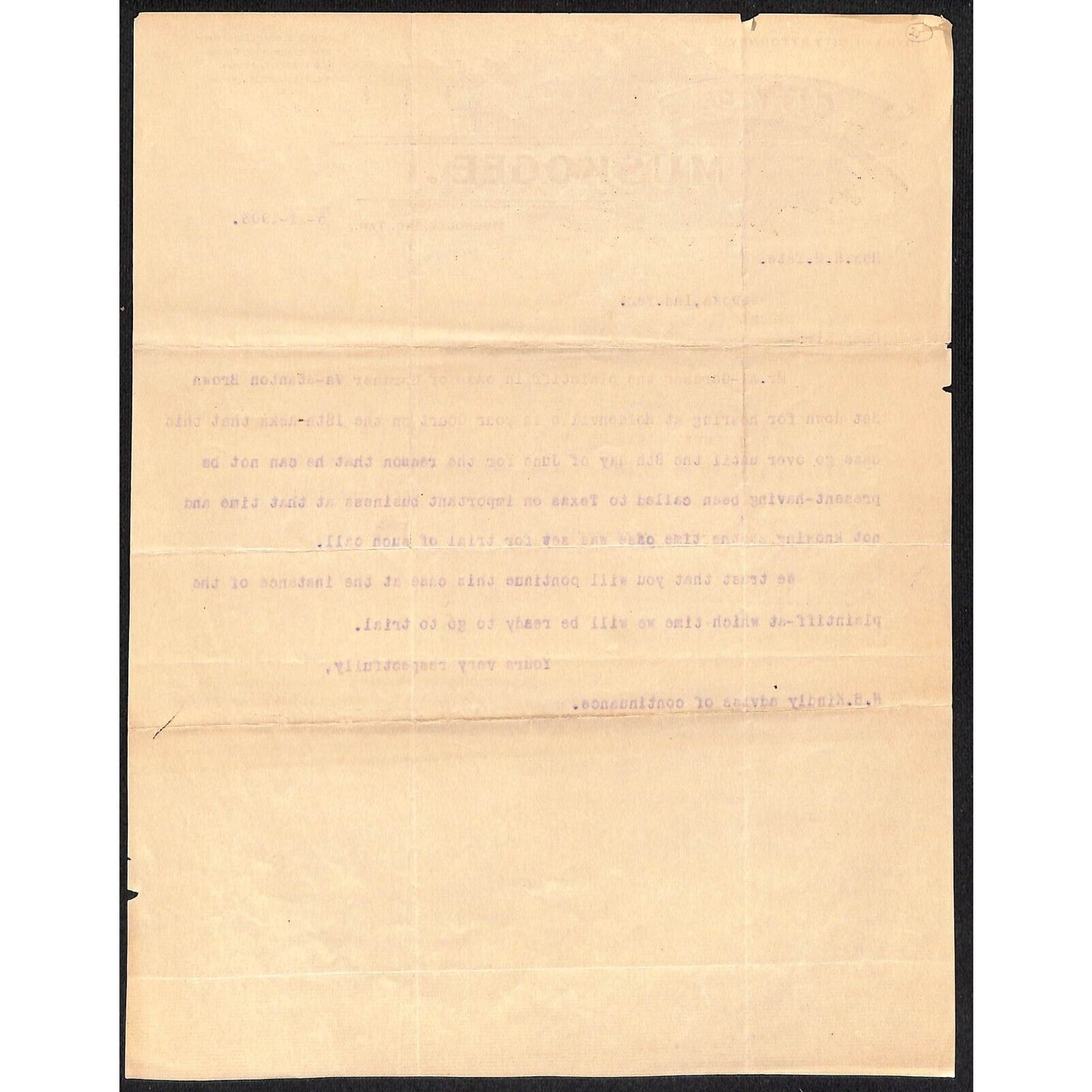 1903 City of Muskogee, OK Indian Territory Office of City Attorney Letterhead