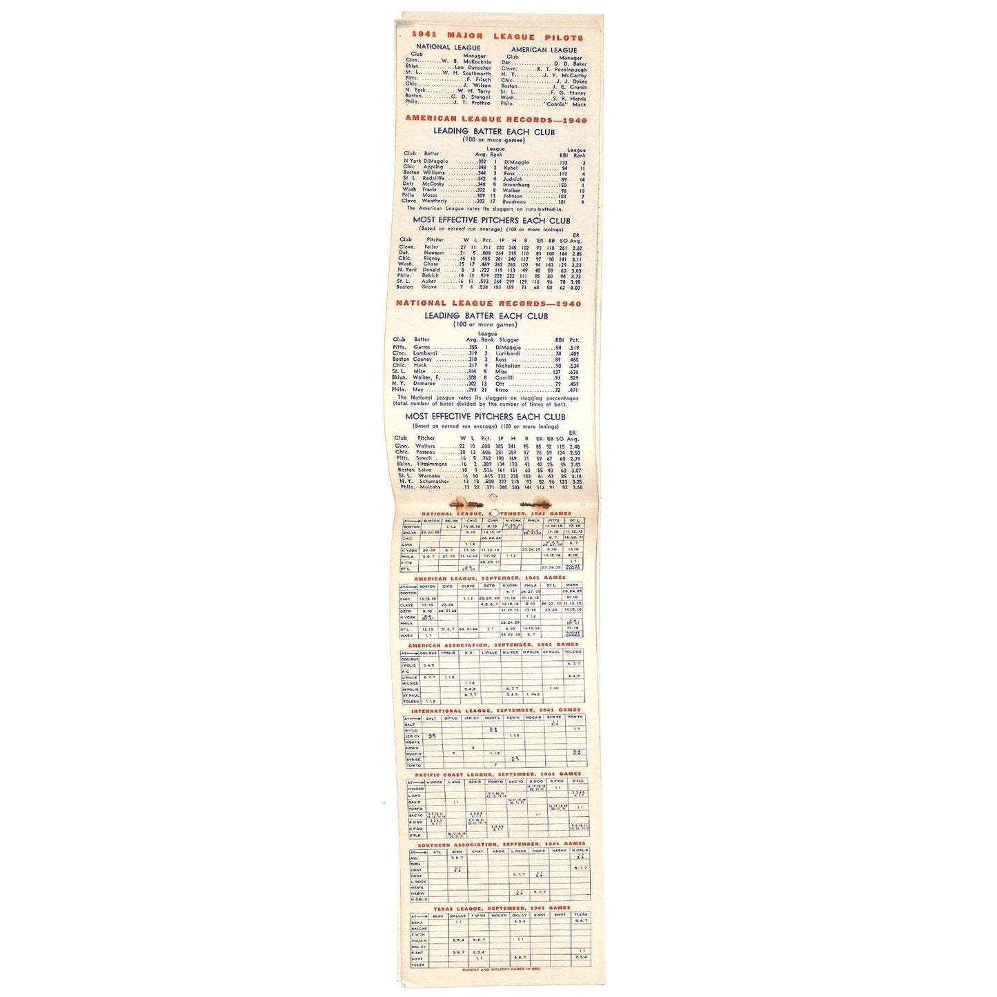 1941 Baseball Calendar Roaring Spring PA 3" x 8" Scarce Complete 20pp VGC