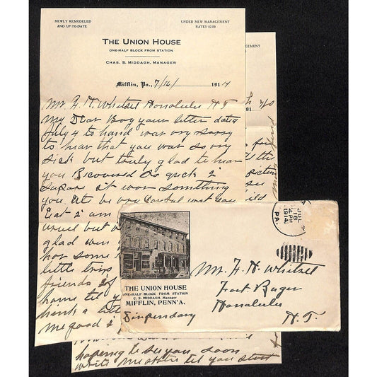1914 The Union House Hotel Mifflin, PA 2pp ALS + Real Photo Cover