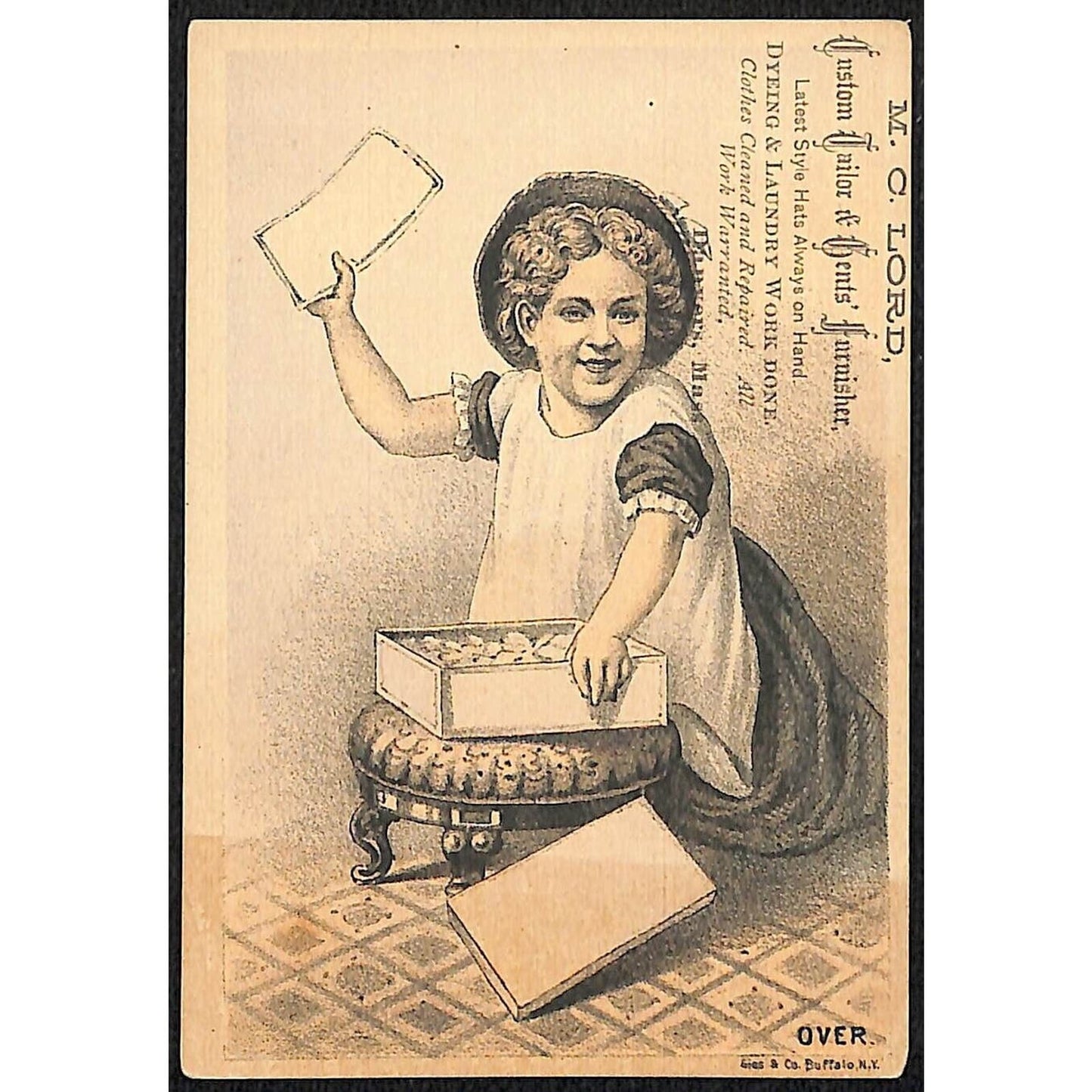 M. C. Lord Tailor Danvers MA Victorian Trade Card Happy Girl Opens Box / Gift?