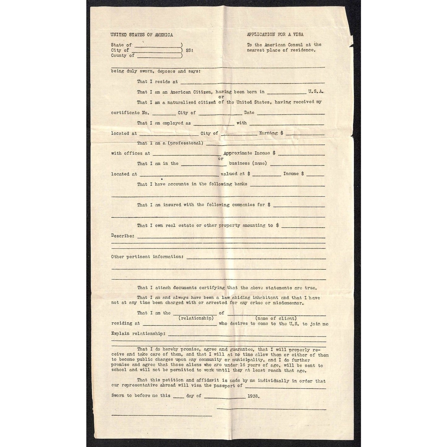 1938 U.S. "Departing Alien Income Tax Return" + 4 other Visa / Immigration pcs.