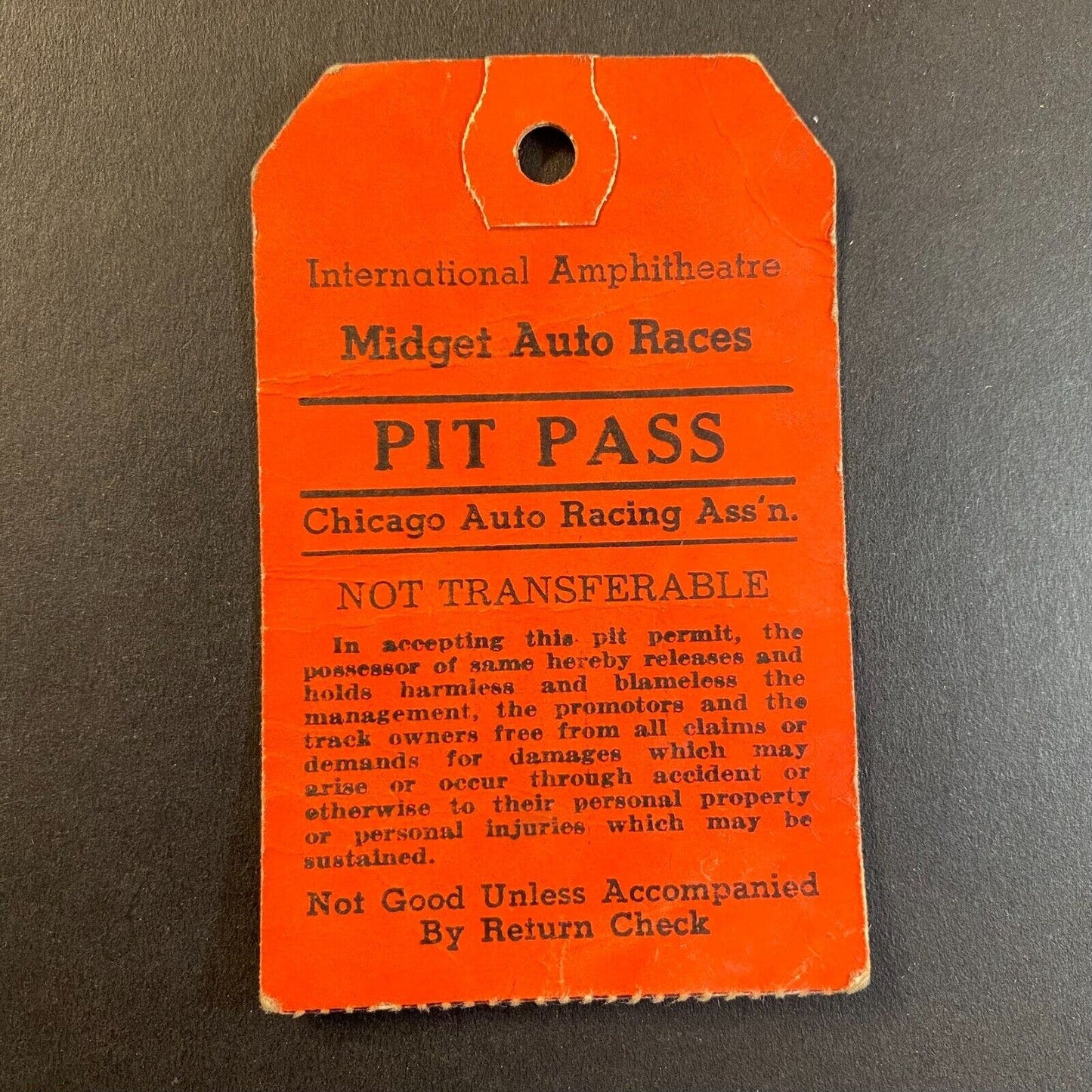 International Amphitheatre Midget Auto Races Pit Pass Chicago Auto Racing c1947