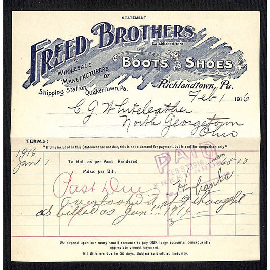 Freed Brothers Richlandtown, PA 1916 Statement Whiteleather* N. Georgetown , OH
