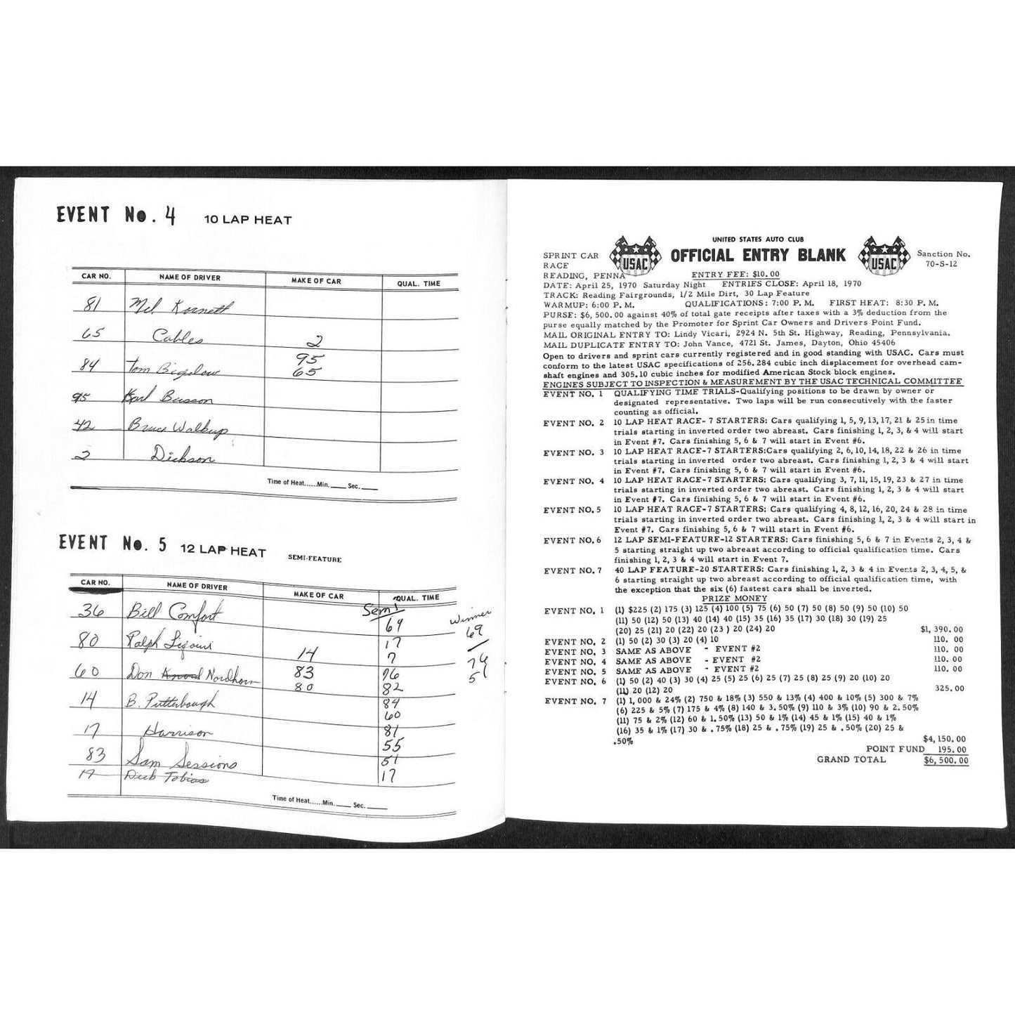 Reading Fairgrounds 1970 USAC Auto Races Program Sprint Car Champion 12pp*