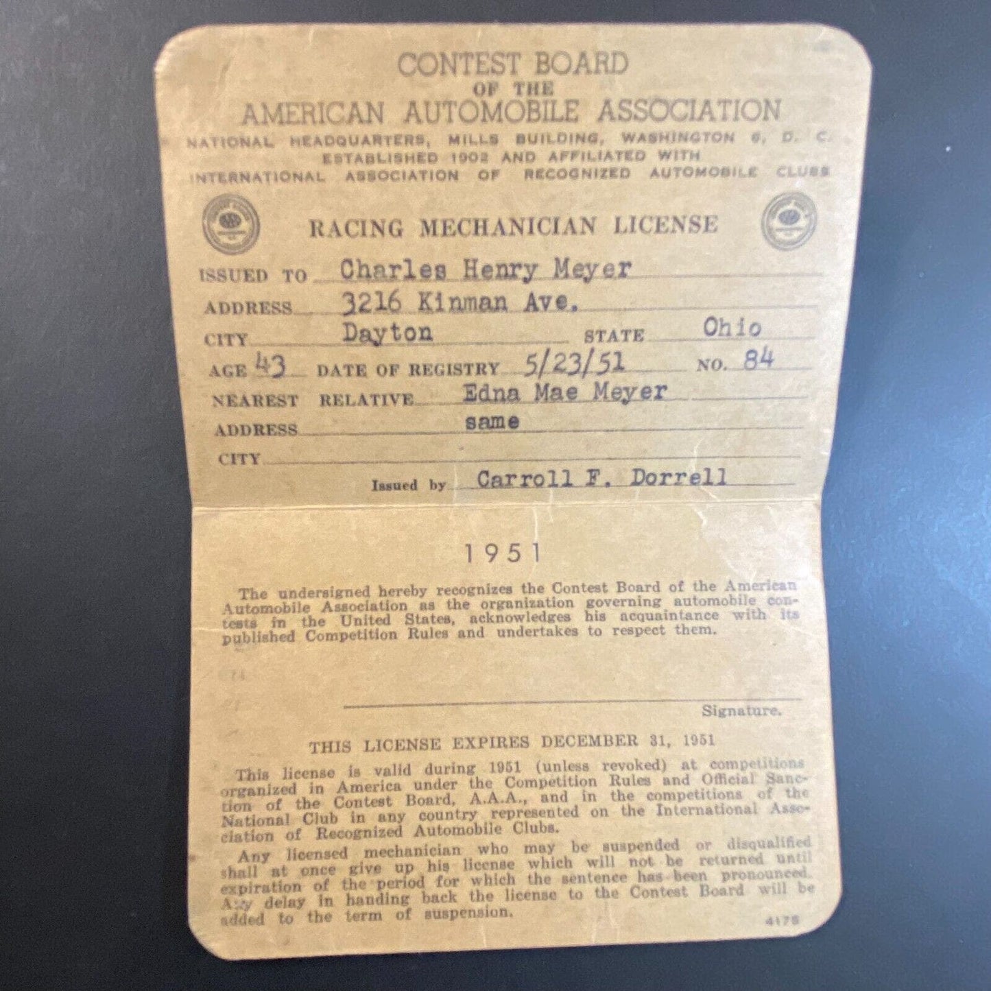 1951 AAA "Racing Mechanician License" "Charles Henry Meyer" ID Card VGC Scarce