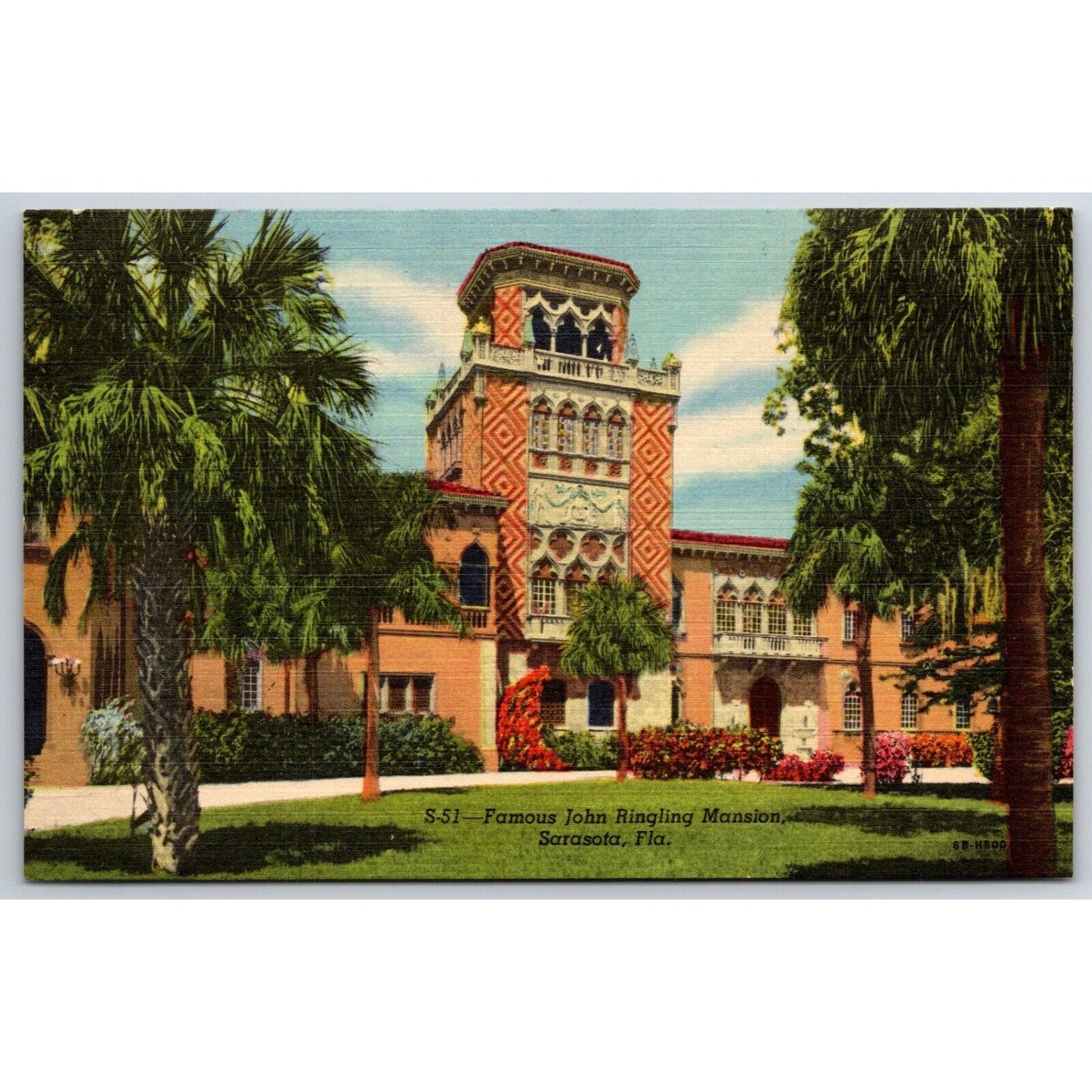 Famous John Ringling Mansion Circus Sarasota Linen Postcard c1935-50 NP VGC