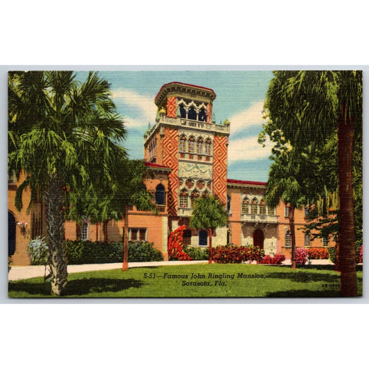 Famous John Ringling Mansion Circus Sarasota Linen Postcard c1935-50 NP VGC