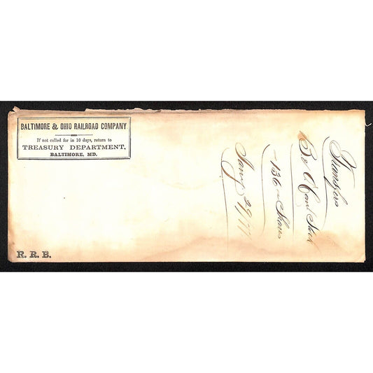 Baltimore & Ohio Railroad Company c1877 Envelope w/ "Transfers B&O 136 Shares"