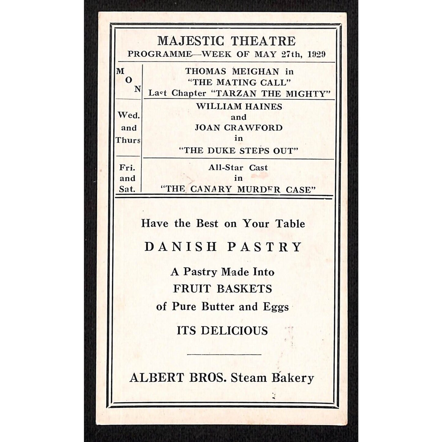 Majestic Theatre Myerstown PA 1929 "The Mating Call" Program Card (#4) Scarce