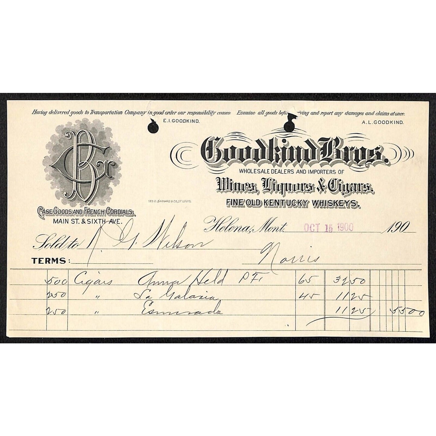 Goodkind Bros. Wines Liquors Cigars 1900 Helena, MT Billhead (#2)