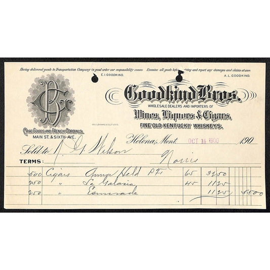 Goodkind Bros. Wines Liquors Cigars 1900 Helena, MT Billhead (#2)
