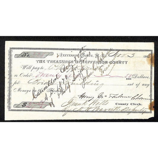 1868 Jefferson County (MT) Treasury Warrant / Draft for "Bridge Building"