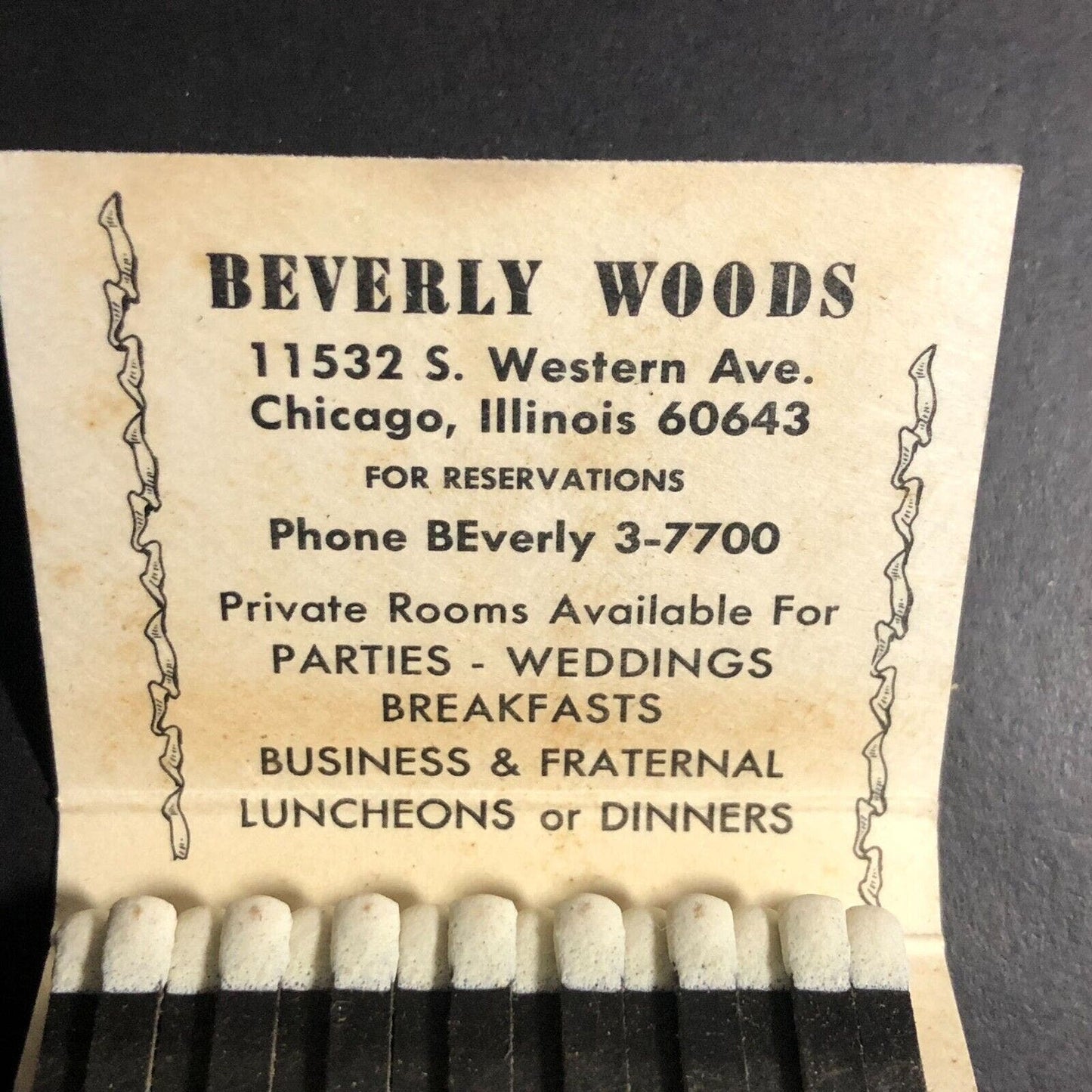 Beverly Woods Restaurant Chicago Full Matchbook c1955-60's VGC Scarce