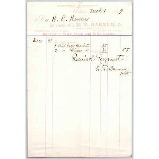Detroit Letterhead E.T. Barnum Hardware Wire Cloth Wire Goods 1869