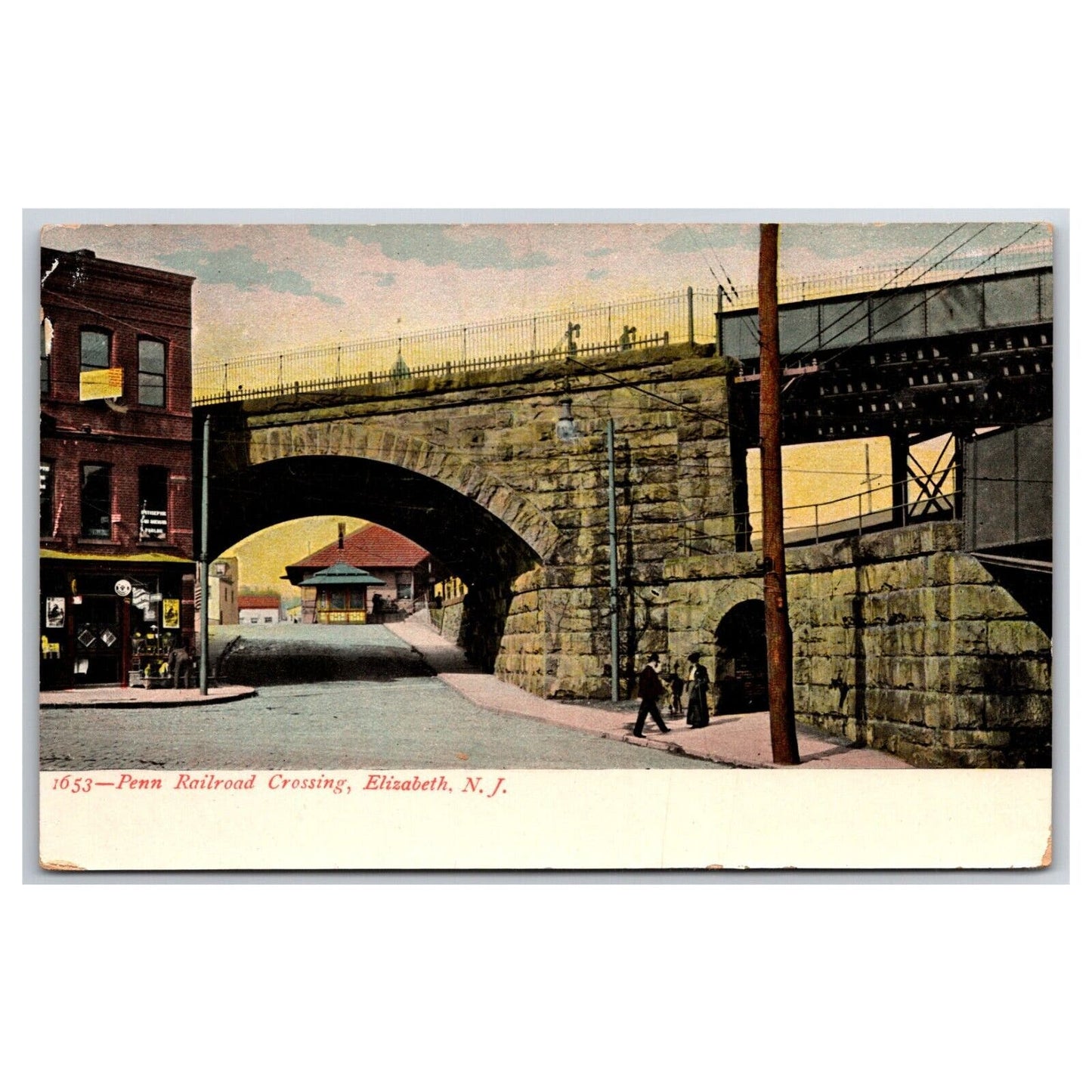 c1910 Penn Railroad Crossing Elizabeth, NJ Postcard Stone Bridge PM 1950