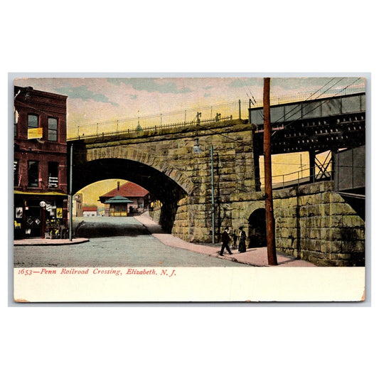 c1910 Penn Railroad Crossing Elizabeth, NJ Postcard Stone Bridge PM 1950