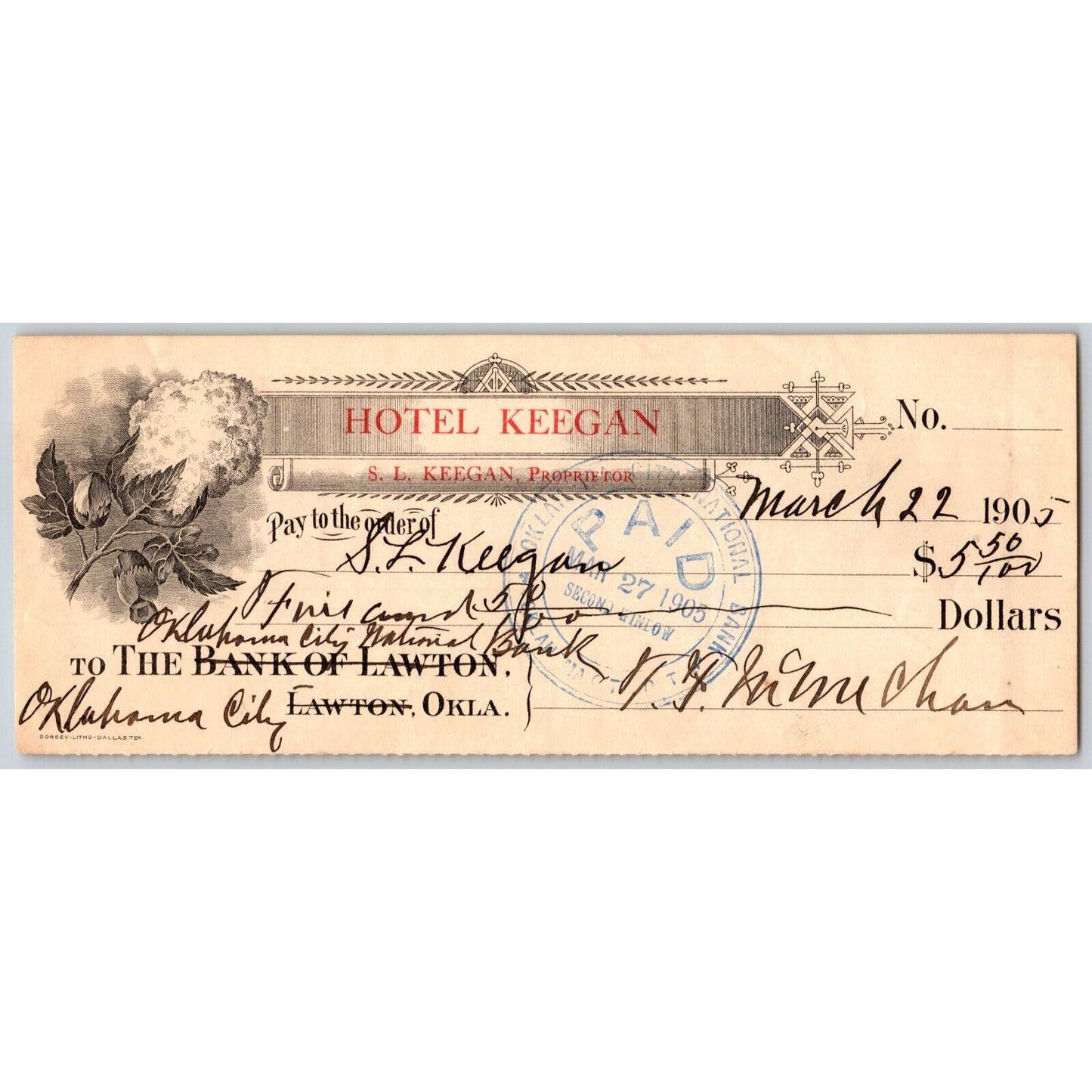 Lawton / Oklahoma City 1905 "Hotel Keegan" Territorial Bank Check - Scarce