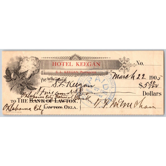 Lawton / Oklahoma City 1905 "Hotel Keegan" Territorial Bank Check - Scarce