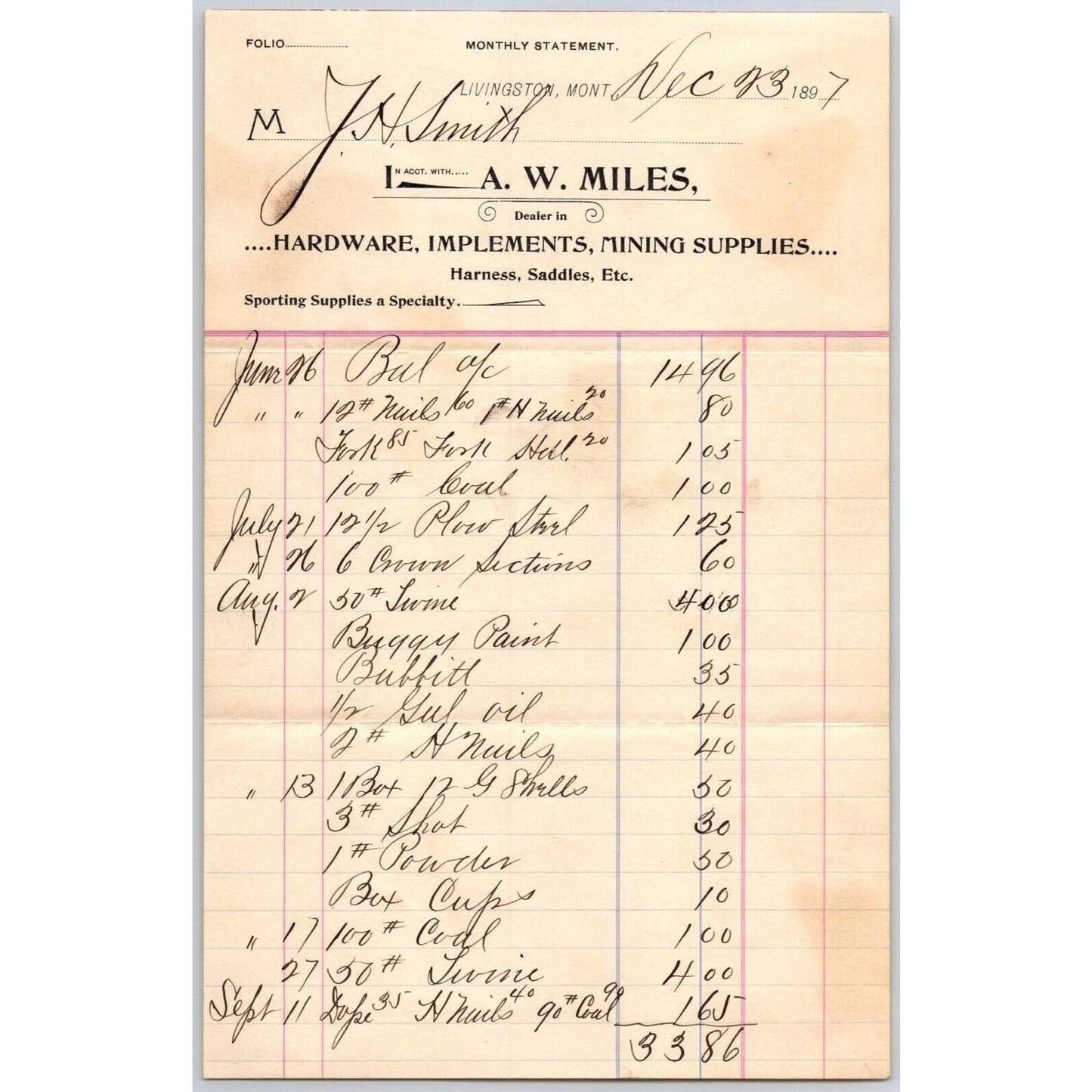 Livingston, MT A.W. Miles Hardware Mining Supplies Saddles 1897 Billhead VGC