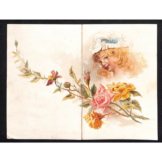 J. Will Campbell & Co. Madison, Iowa Large Victorian Trade Card Girl Glasses