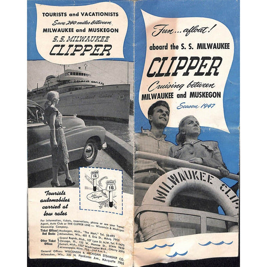 Vintage1947 S.S. Milwaukee Clipper Muskegon Folded Single Sheet Sales Brochure