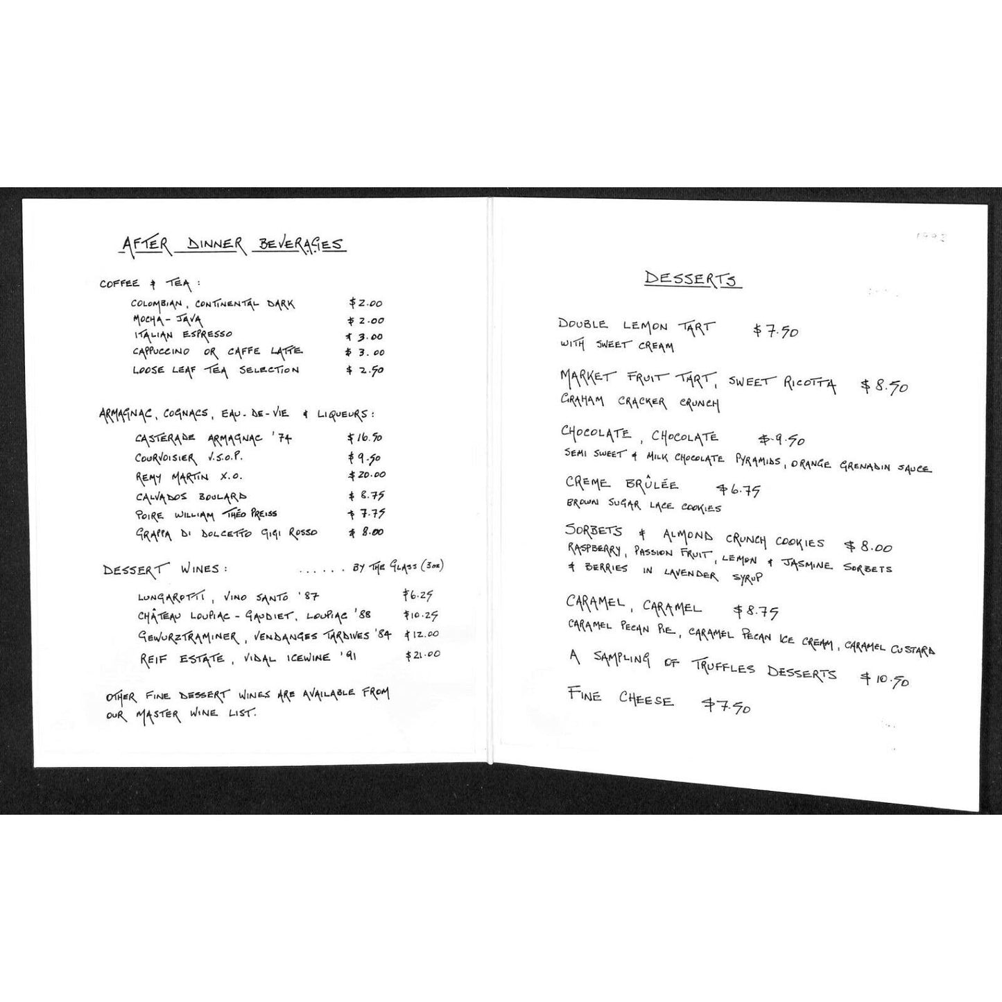 1993 Four Seasons Hotel Truffles Toronto After Dinner Beverages / Dessert Menu