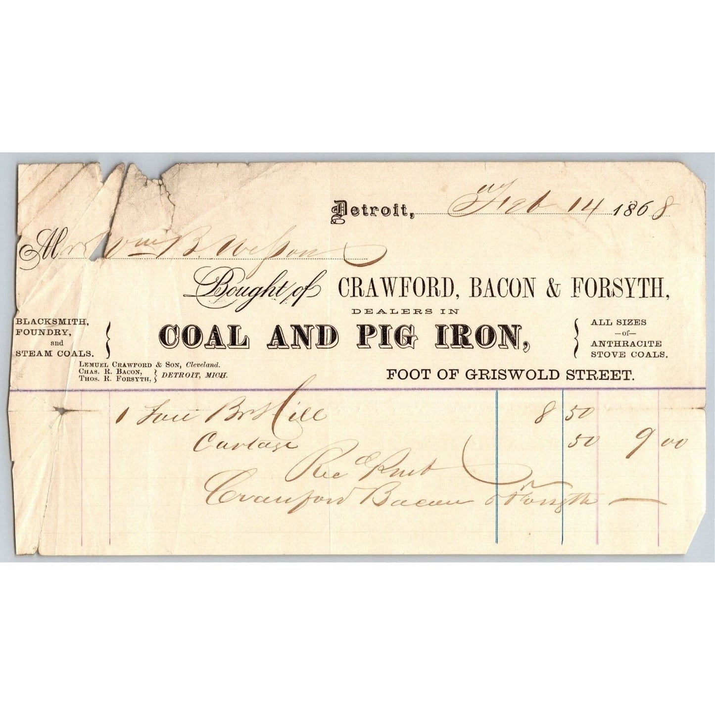 Detroit Letterhead Crawford, Bacon & Forsyth "Coal and Pig Iron" 1868
