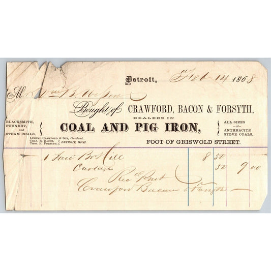 Detroit Letterhead Crawford, Bacon & Forsyth "Coal and Pig Iron" 1868